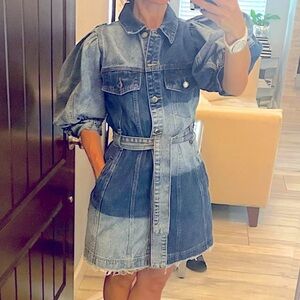 Puff Sleeve patchwork denim dress S M belted